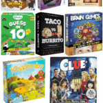 Collage of the best board games for 8 year olds, featuring popular titles like Clue, Taco vs Burrito, Harry Potter Hedbanz, The Genius Square, Guess in 10, Throw Throw Burrito, Brain Games Kids, and Kingdomino.