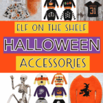 Collage of Halloween-themed Elf on the Shelf accessories including knit sweaters, candy corn designs, scary costumes, and a plastic skeleton.