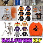 Flat lay of Halloween Elf on the Shelf accessories including skeleton and clown costumes, spooky sweaters, and a posable skeleton.