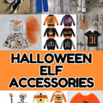 Collage of Halloween Elf on the Shelf accessories including skeleton costumes, scary clown outfits, spooky sweaters, football uniforms, pumpkin dresses, and themed props, with text overlay reading “Halloween Elf Accessories.”