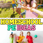 Children taking part in homeschool PE activities, including outdoor tug-of-war and indoor movement exercises using hoops, ropes, and balls.
