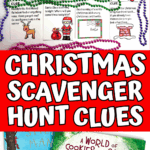Christmas scavenger hunt riddles displayed with festive beads and holiday books, including “The Littlest Christmas Tree.”