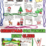 Printable Christmas scavenger hunt clue cards featuring rhyming riddles and colorful illustrations inspired by holiday songs.