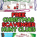 Christmas scavenger hunt clue cards surrounded by holiday beads, with images of Santa, reindeer, and holiday symbols.