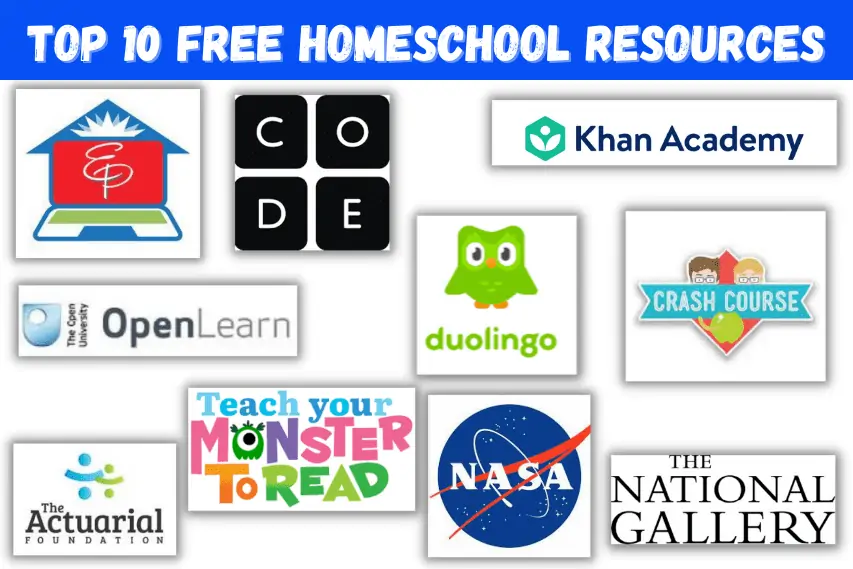 top 10 free homeschool resources. With logos of Khan Academy, CODE, Duolingo, Crash Course, Open Learn, Teach Your Monster to read, The Actuarial Foundation, The National Gallery, NASA, Easy Peasy