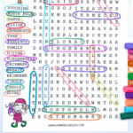 Free printable Christmas word search worksheet for kids featuring 16 festive vocabulary words like sleigh, gingerbread, and reindeer