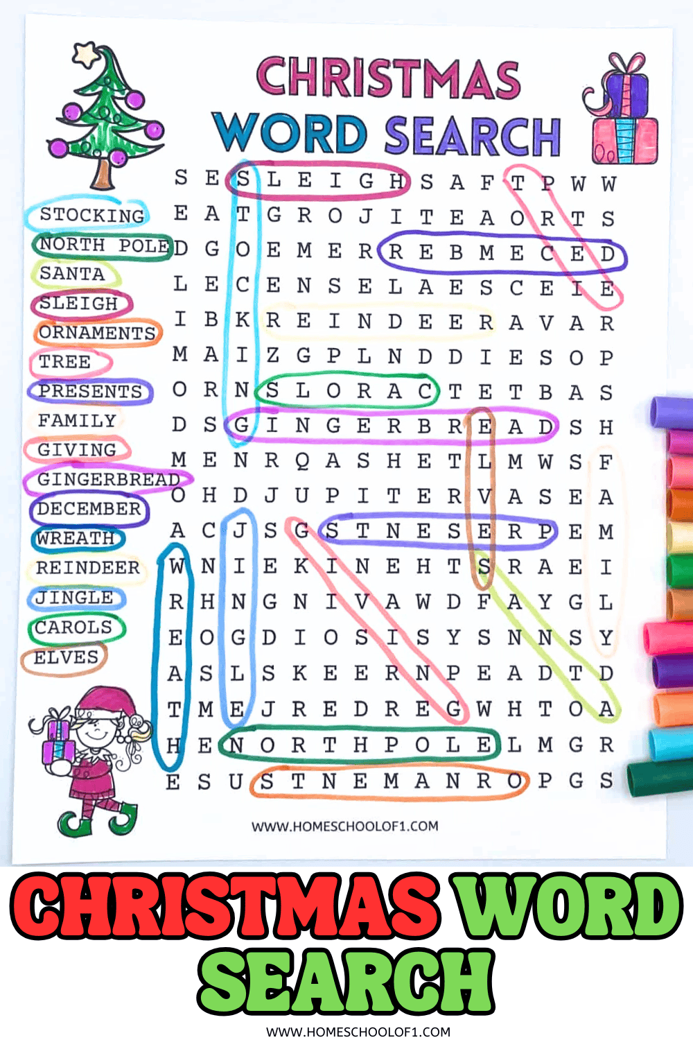Free printable Christmas word search worksheet for kids featuring 16 festive vocabulary words like sleigh, gingerbread, and reindeer

