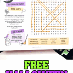 Printed historical Halloween word search with 13 themed vocabulary words highlighted in orange and spooky clipart decorations.