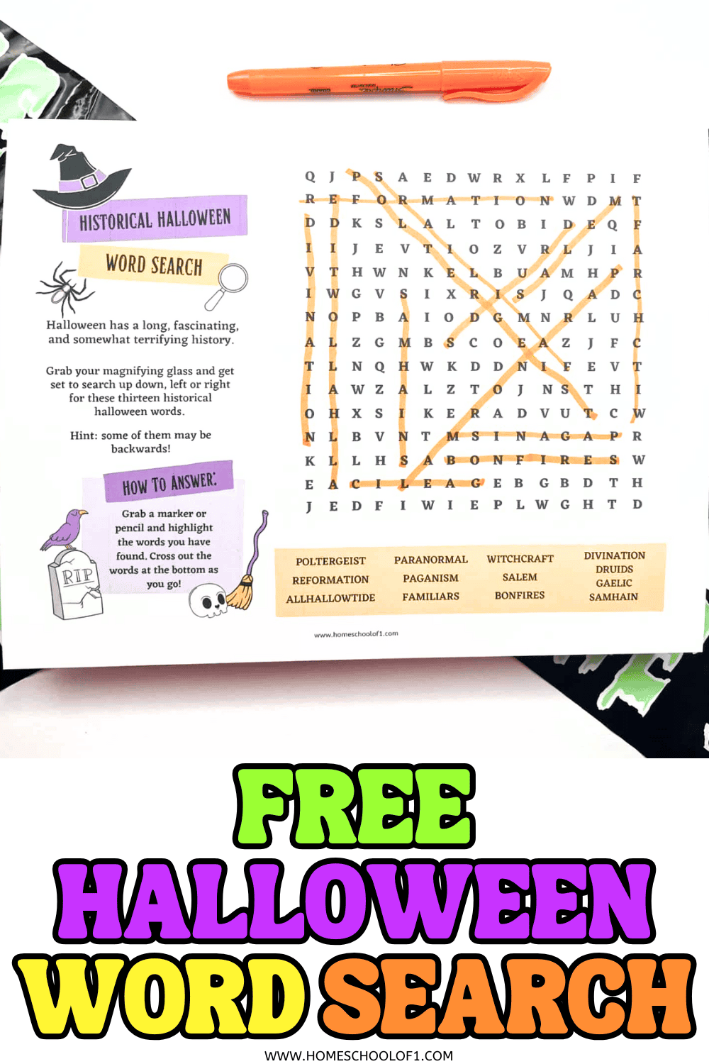 Printed historical Halloween word search with 13 themed vocabulary words highlighted in orange and spooky clipart decorations.


