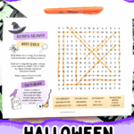 Educational Halloween word search printable for kids featuring historical words like Samhain and Reformation with orange marker highlighting.