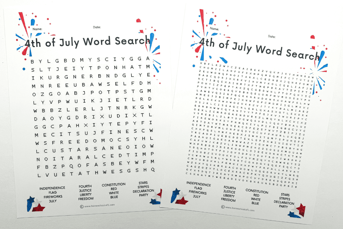 A printable variation of a 4th of July word search, featuring a different arrangement of letters in the grid with words like JUSTICE, LIBERTY, and FREEDOM listed for searching, decorated with star-shaped confetti