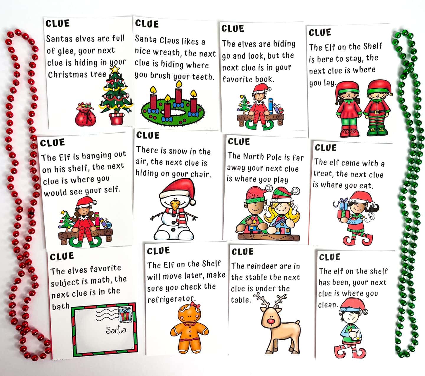 A bright and playful layout of elf on the shelf scavenger hunt clues, each printed on cards with colorful illustrations of elves, reindeer, gingerbread cookies, and Christmas trees. The riddles guide kids to household spots like the Christmas tree, refrigerator, bath, under the table, and where they brush their teeth. Red and green bead necklaces frame the edges, adding a festive touch to this fun holiday activity setup.

