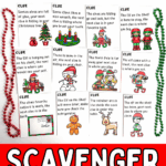 Printable Christmas elf scavenger hunt clues laid out on a table, featuring 12 rhyming clue cards with festive elf, reindeer, and Christmas illustrations.