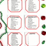Flat lay of printable Christmas Scattergories category cards, each with unique holiday prompts, surrounded by festive beads and gems.