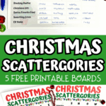 Christmas Scattergories printable boards laid out with holiday-themed decorations, lights, and festive red and green beads.
