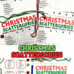Overhead view of five colorful printable Christmas Scattergories game boards decorated with string lights and red and green beads.