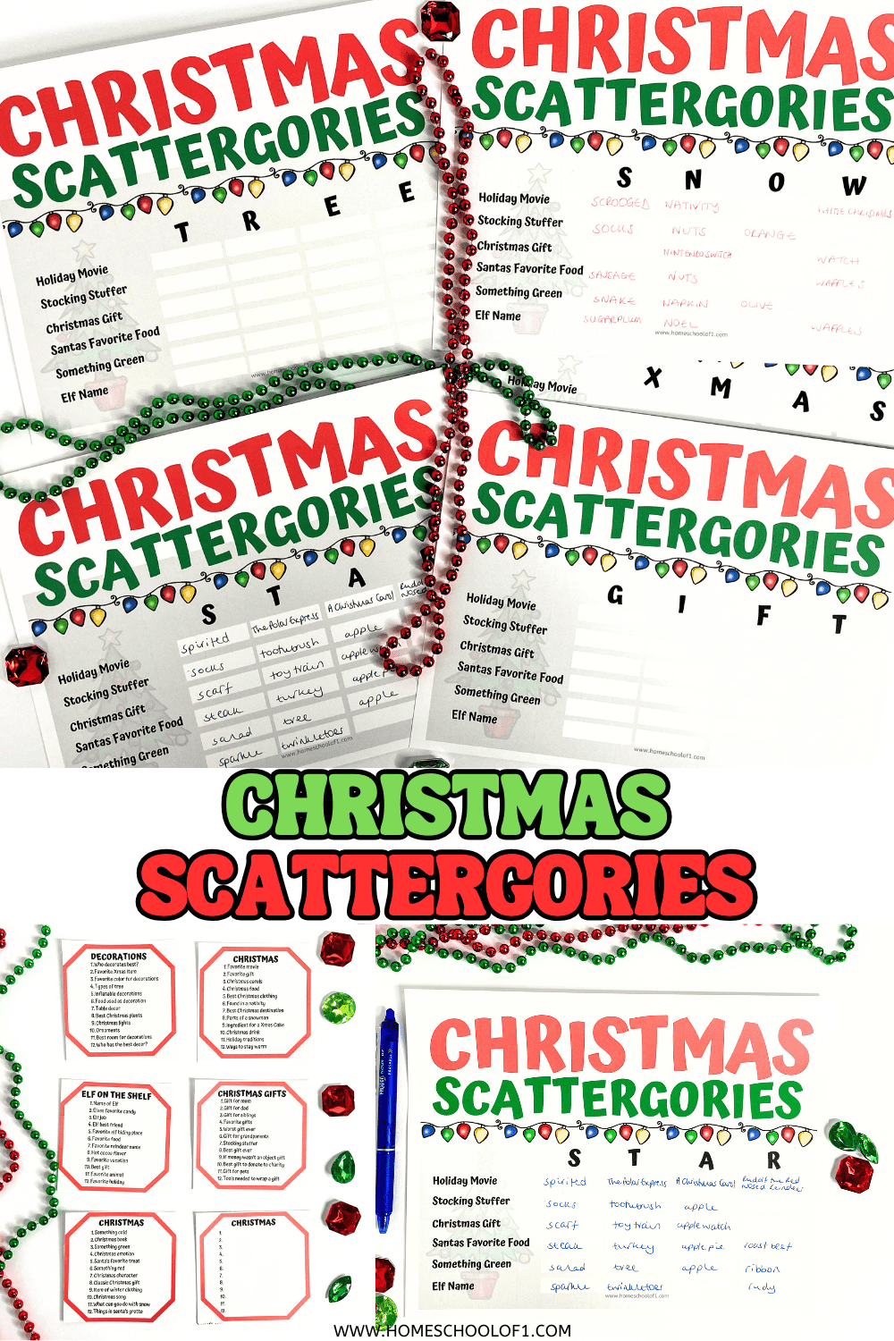 Overhead view of five colorful printable Christmas Scattergories game boards decorated with string lights and red and green beads.

