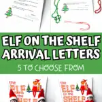 Two elves with five printed Elf on the Shelf arrival letters featuring colorful holiday themes
