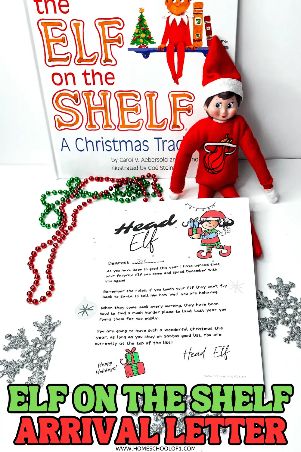 Printed Elf on the Shelf arrival letter with red elf doll and original book in the background