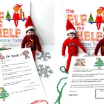 Two printed Elf on the Shelf arrival letters with elf dolls and the official book, surrounded by festive decorations