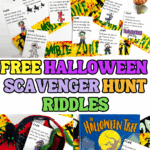 Printable Halloween scavenger hunt clue cards for kids with spooky rhymes and cartoon illustrations, displayed on a “Zombie Zone” background with Halloween props.