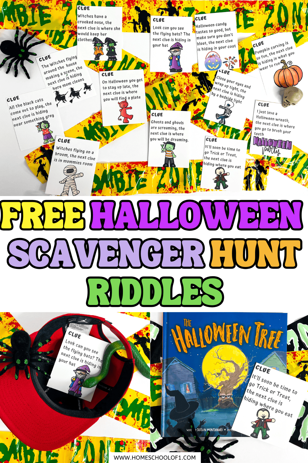 Printable Halloween scavenger hunt clue cards for kids with spooky rhymes and cartoon illustrations, displayed on a “Zombie Zone” background with Halloween props.

