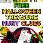Free printable Halloween treasure hunt clues with rhyming riddles and Halloween-themed characters, arranged on a red and yellow caution-style backdrop with props.