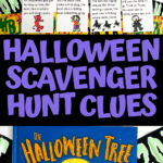 Collection of Halloween scavenger hunt clue cards placed around the book The Halloween Tree, with colorful decorations and a focus on fun, spooky riddles for kids.
