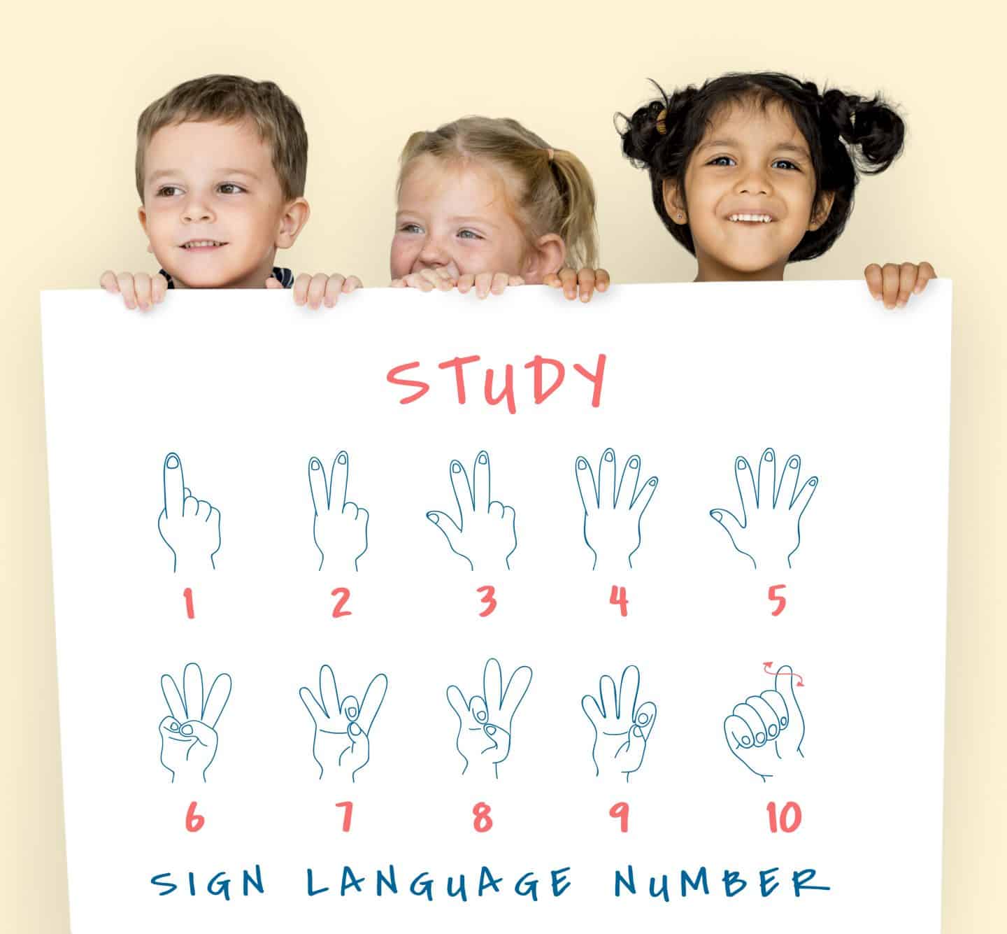 3 kids holding a sign with sign language numbers