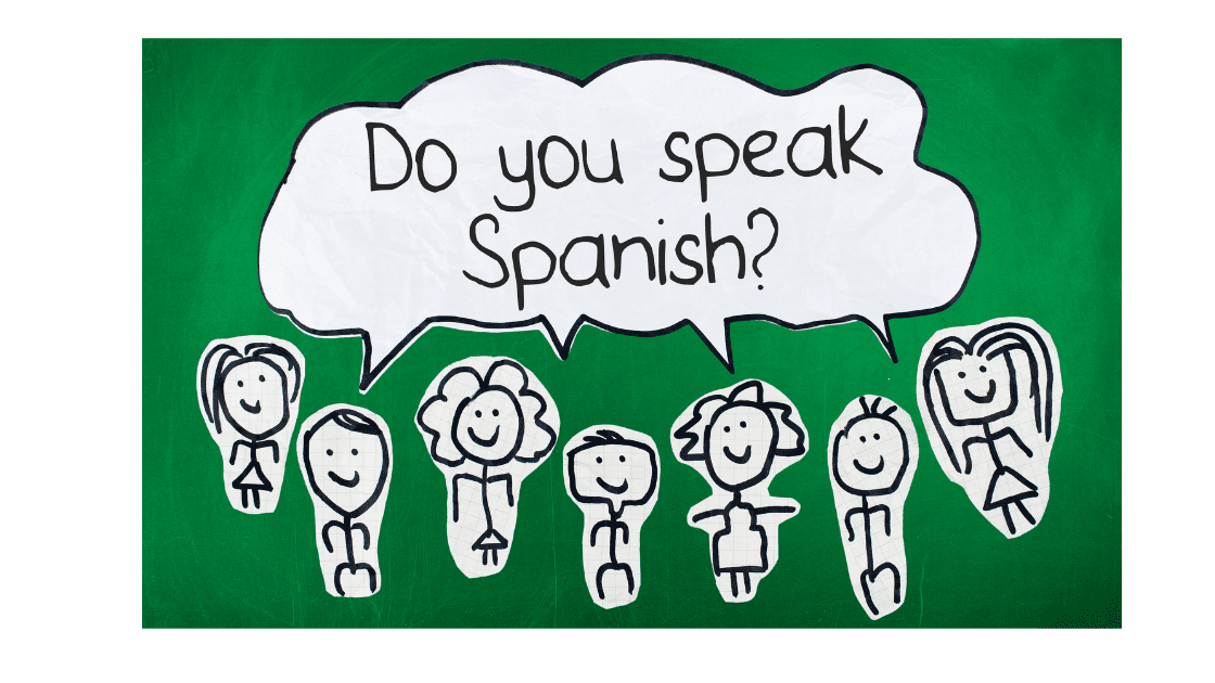 A playful, classroom-style illustration features stick figure children on a green chalkboard background with a speech bubble that reads, “Do you speak Spanish?” This fun and engaging design is perfect for promoting the best foreign language curriculum for homeschoolers focused on Spanish learning.