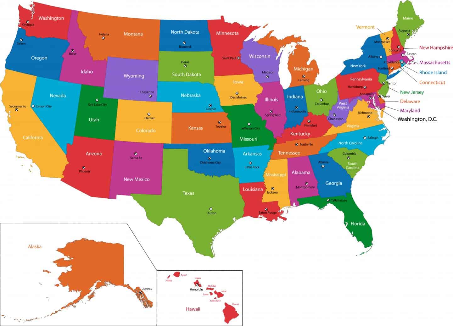 Colorful map of America showing all 50 states