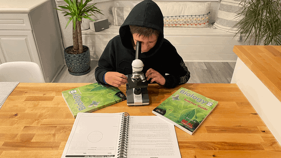 young boy at home looking through a microscope using the real odyssey science Biology 2 curriciulum from Pandia Press.