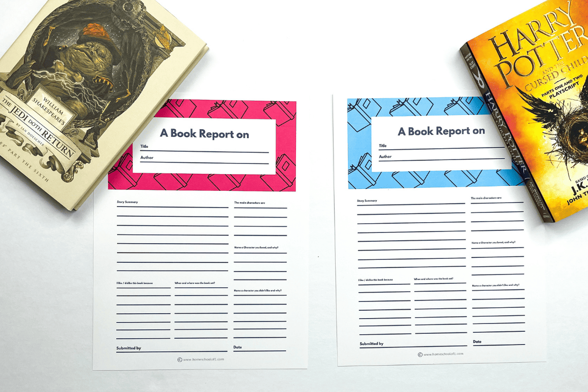 Two printable book report templates are placed side by side, one with a pink header and the other with a blue header, each labeled "A Book Report on" with lines for title, author, and responses about the book. They are flanked by copies of The Jedi Doth Return and Harry Potter and the Cursed Child, set on a white background.
