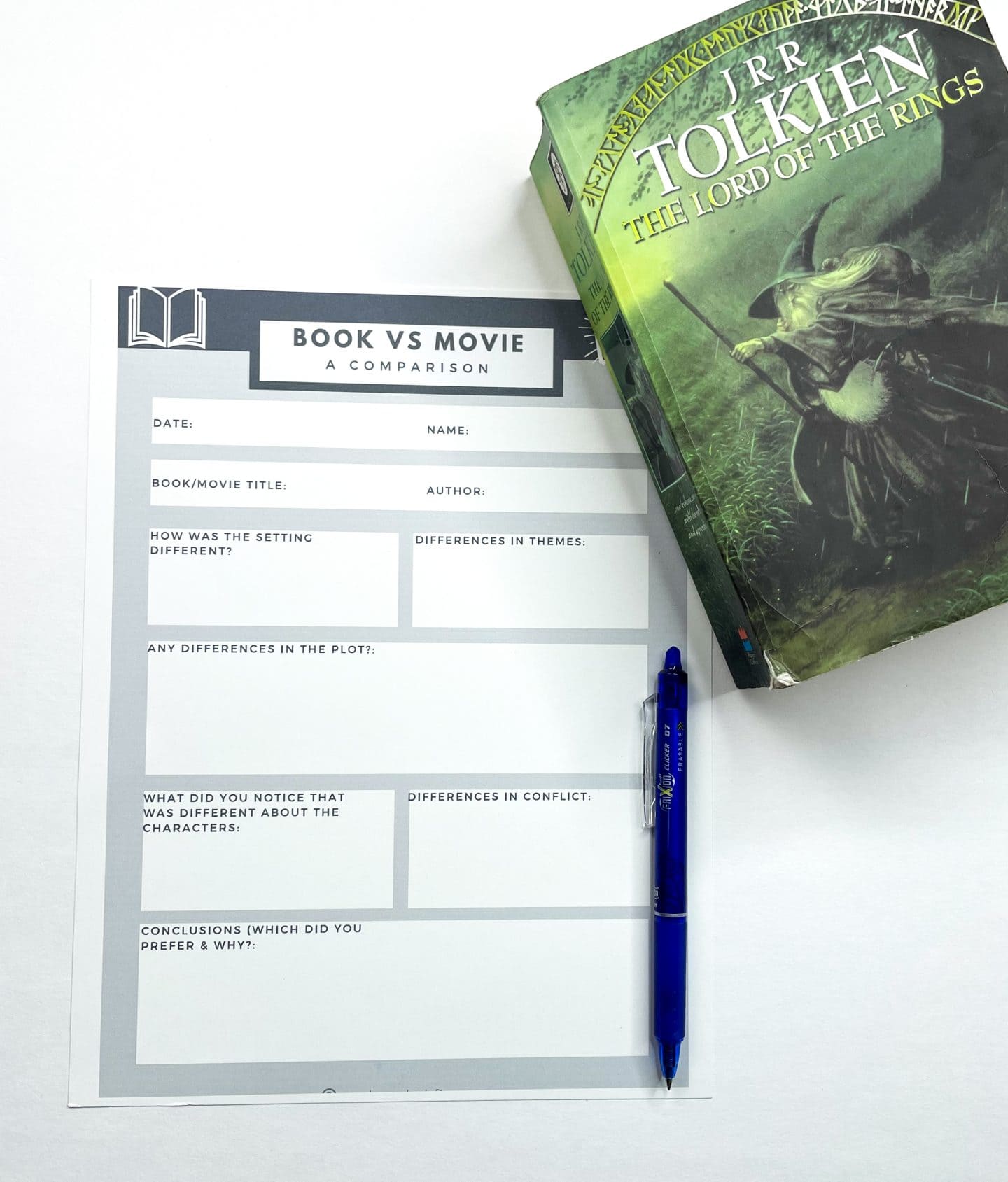 A flat lay image showing a “Book vs Movie: A Comparison” worksheet with empty sections for details like title, author, setting differences, theme, plot, character differences, conflict, and personal conclusion. A blue pen rests along the right edge, and a copy of The Lord of the Rings by J.R.R. Tolkien partially covers the top right corner of the sheet.

