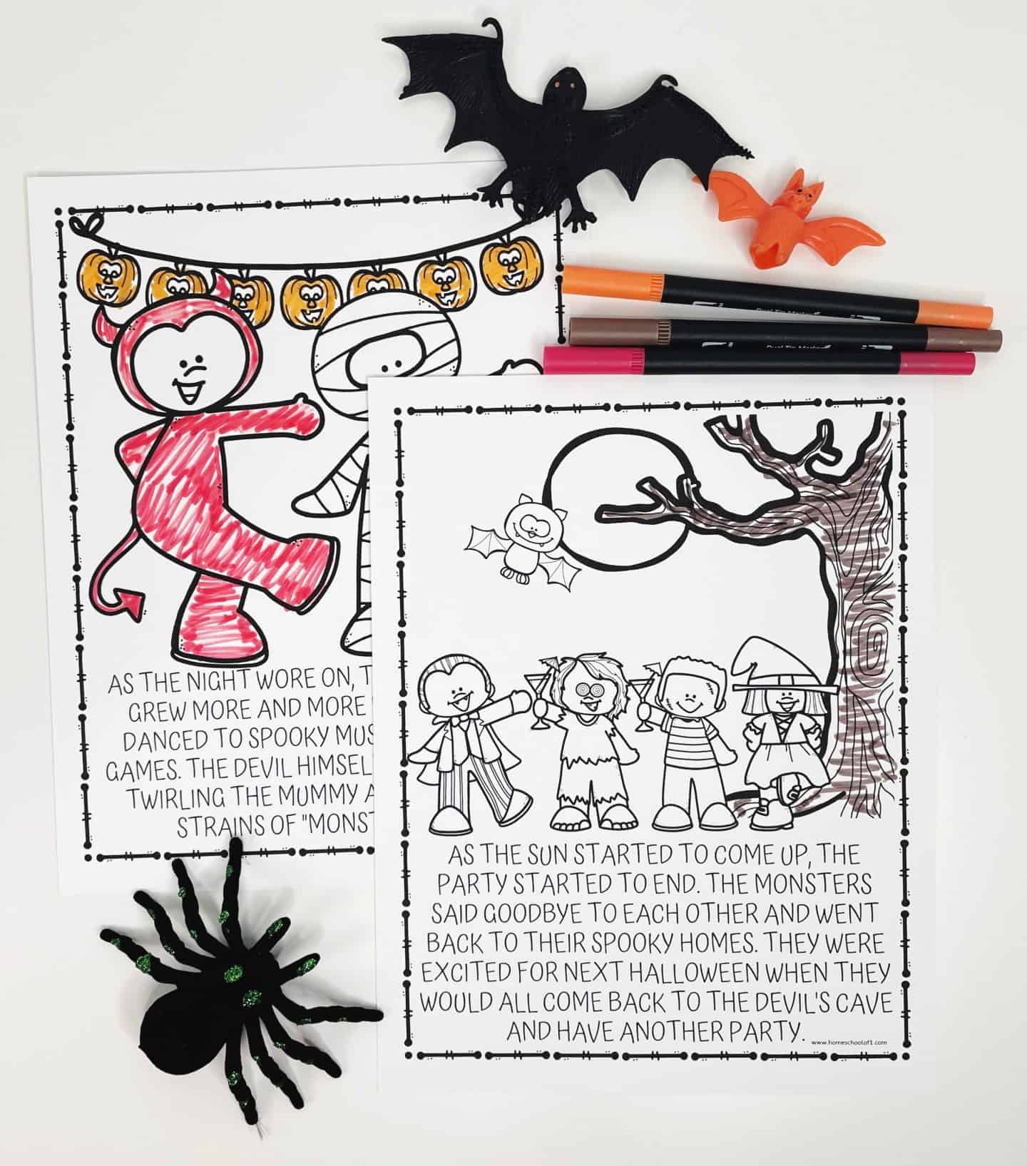 Two Halloween-themed coloring pages for kids are displayed on a white background. One page shows a red devil and a mummy dancing under a string of pumpkin lanterns, partially colored with red, orange, and pink markers. The second page features a group of costumed children under a full moon and tree, with the tree partially colored in brown. Decorative props include a large black spider, an orange bat, a black bat, and three markers placed at the top of the image.