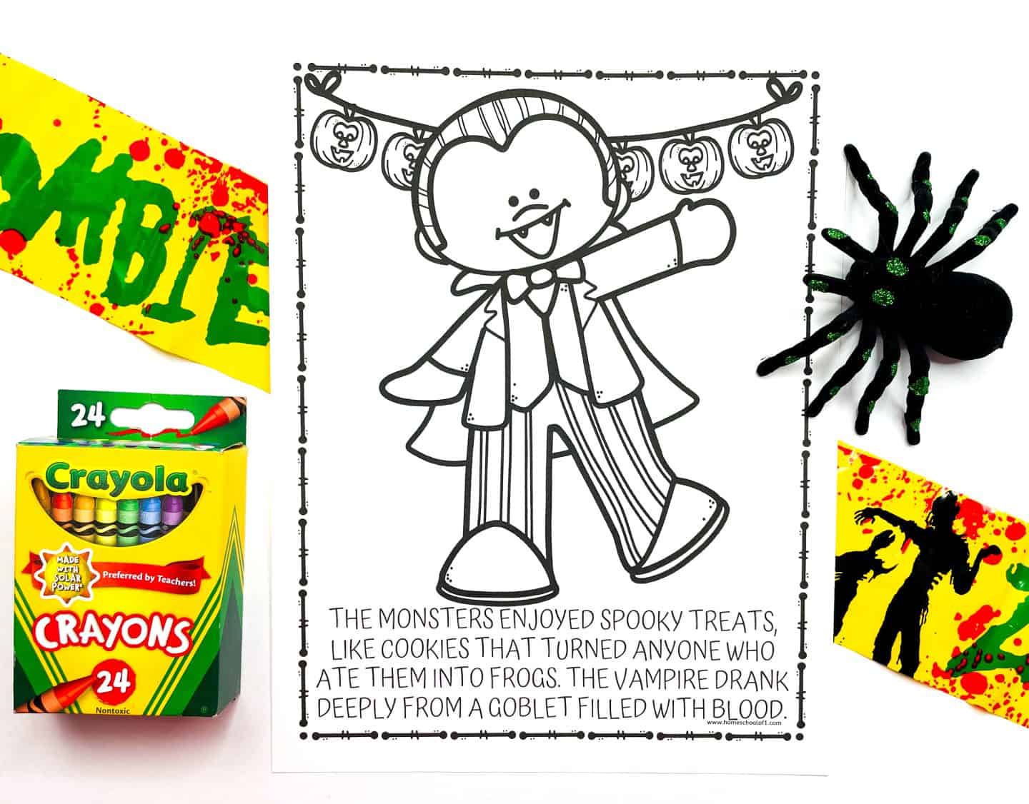 A Halloween coloring page features a smiling cartoon vampire in a striped suit standing beneath a jack-o’-lantern banner. Below the image, a short story describes spooky Halloween treats and a vampire drinking from a goblet of blood. The scene is decorated with a 24-pack of Crayola crayons, a black spider with green glitter accents, and splattered yellow and red “ZOMBIE” caution tape on both sides.