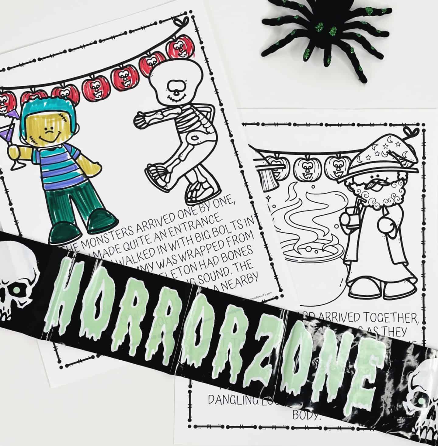 Two Halloween-themed coloring pages are shown on a white background. One page features a boy in costume and a dancing skeleton under a pumpkin banner, with part of the page colored in. The other page shows a wizard stirring a bubbling cauldron. A large black caution tape reading “HORRORZONE” in dripping green letters runs diagonally across the image, with white skulls on either side. A black spider decoration with green glitter sits near the top.