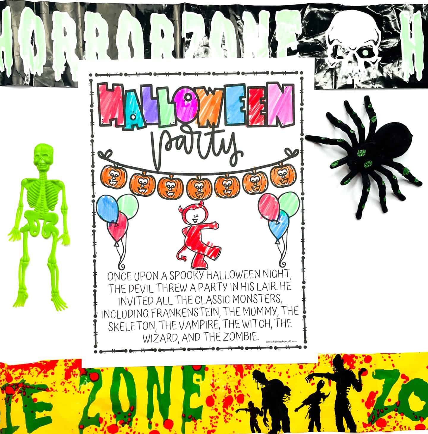 A brightly colored Halloween party coloring page is centered on a white background, surrounded by Halloween decorations. The page features a red devil character under a string of pumpkin lanterns, with colorful balloons and a bold “Halloween Party” title in rainbow colors. A green plastic skeleton and a black spider with green glitter accents sit on either side. The top and bottom edges are bordered by spooky caution tape labeled “HORRORZONE” and “ZOMBIE ZONE.”