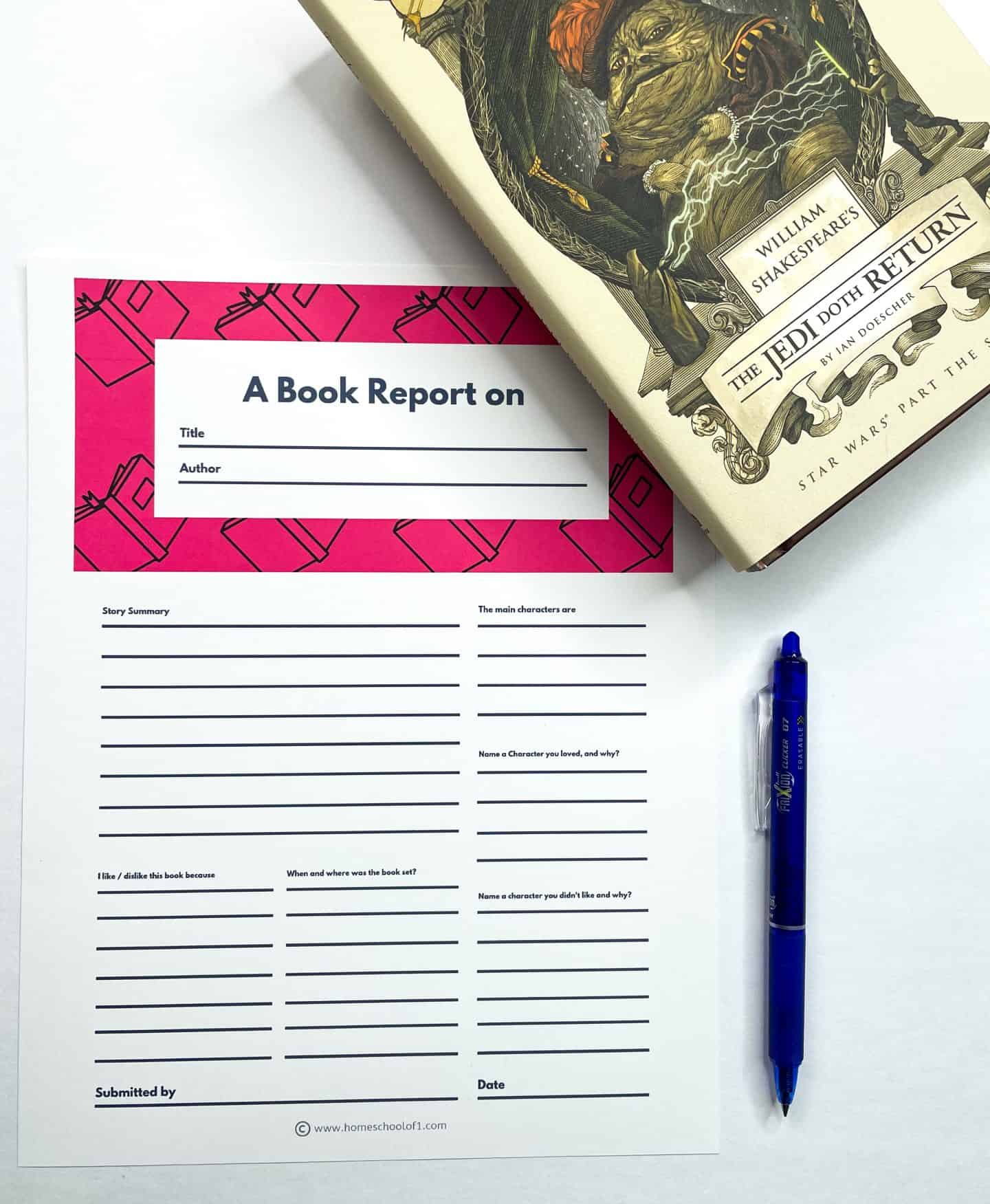 A middle school book report worksheet with a pink header and book illustrations, featuring fields for title, author, story summary, characters, likes/dislikes, and setting. A blue pen lies beside it, and a copy of William Shakespeare's The Jedi Doth Return rests on the top corner of the page.