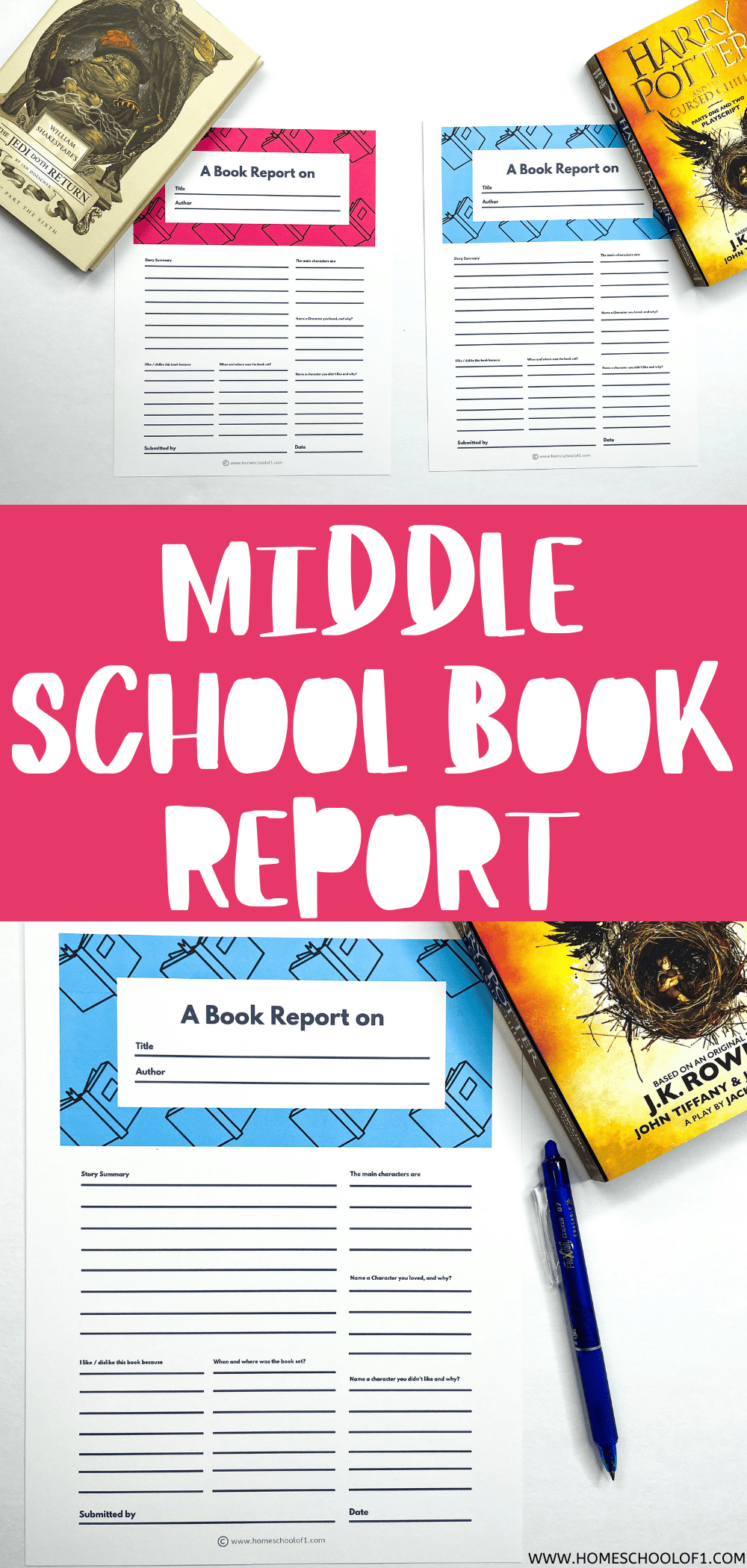 Middle school book report printables with colorful headings—one pink and one blue—placed between two books, Harry Potter and the Cursed Child and The Jedi Doth Return. The worksheets include sections for title, author, summary, characters, personal opinions, and setting.
