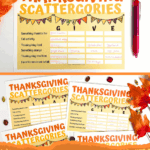 Free printable Thanksgiving Scattergories sheets with themed word prompts and fall decorations