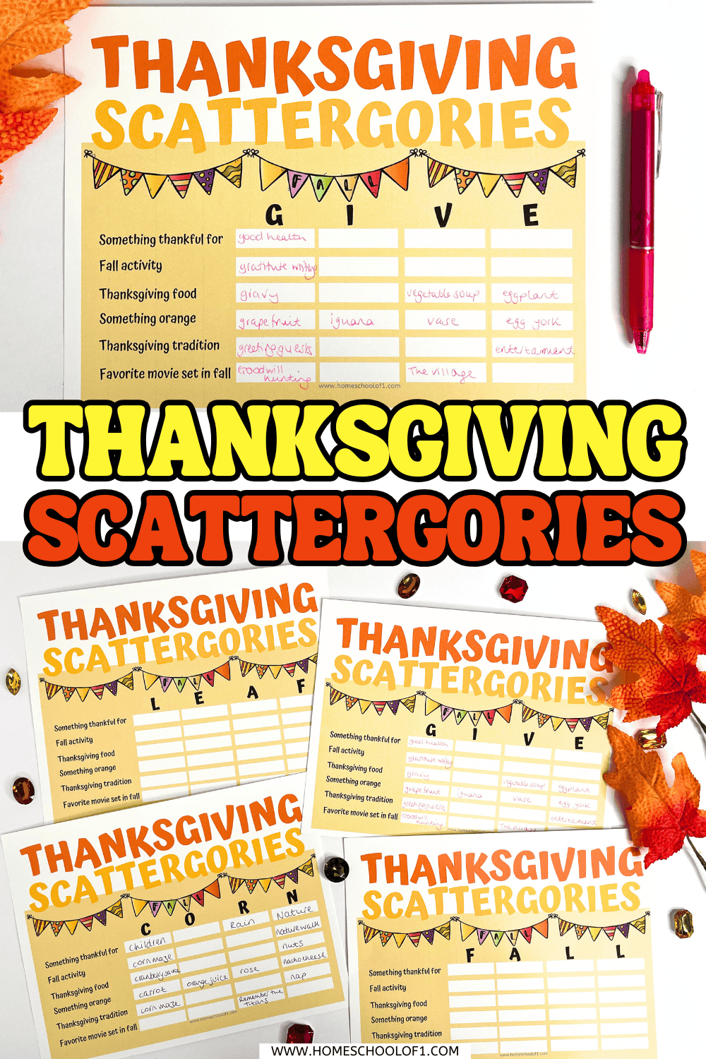 Thanksgiving Scattergories printable featuring the word GIVE and fall-themed categories