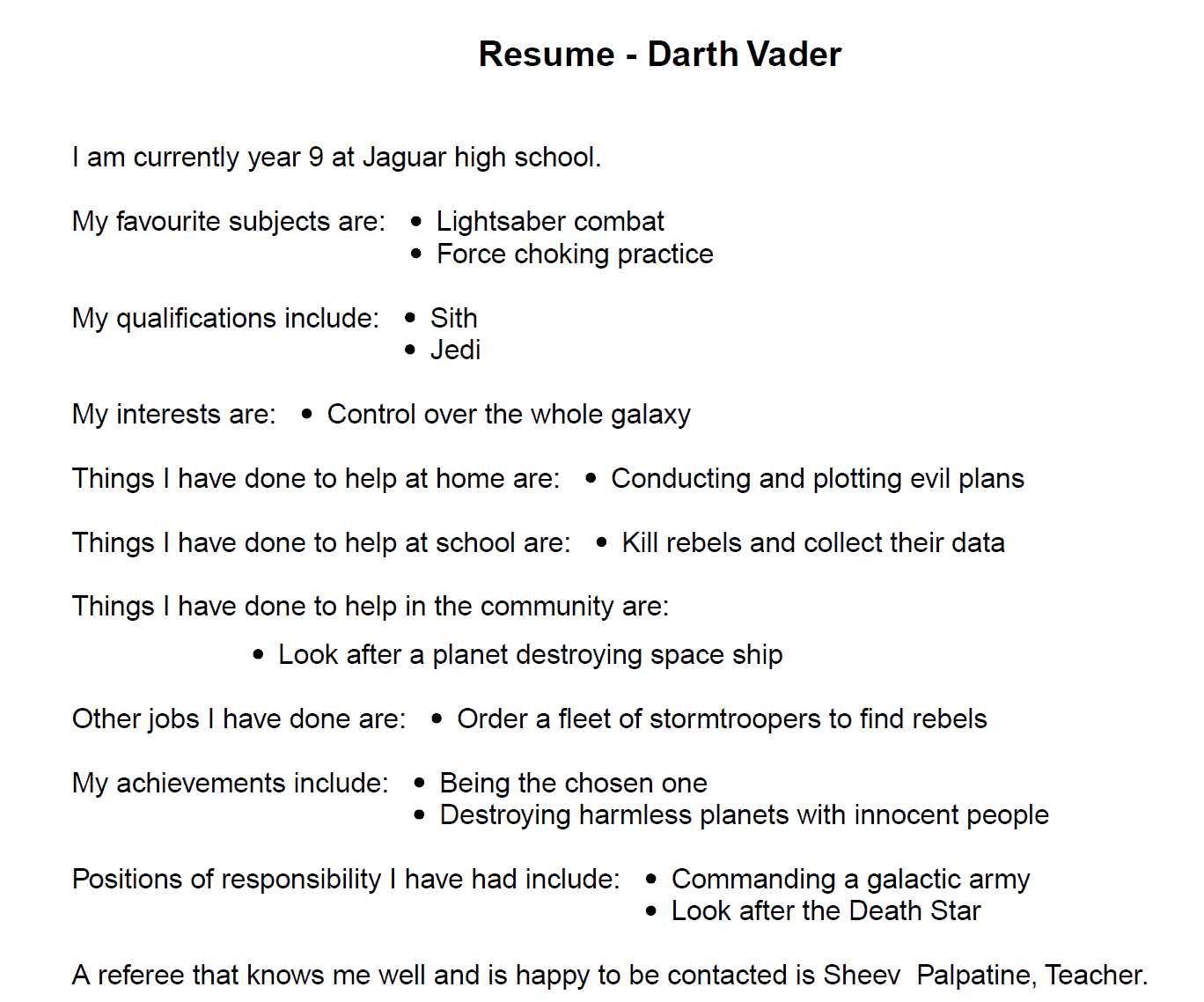 MoneyTime Resume example #darthvader #resume