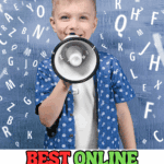 Child holding a megaphone with letters flying around, representing confidence through online public speaking classes for kids.