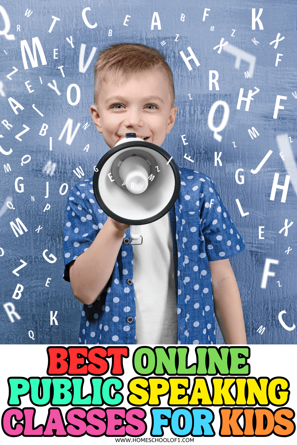 Child holding a megaphone with letters flying around, representing confidence through online public speaking classes for kids.