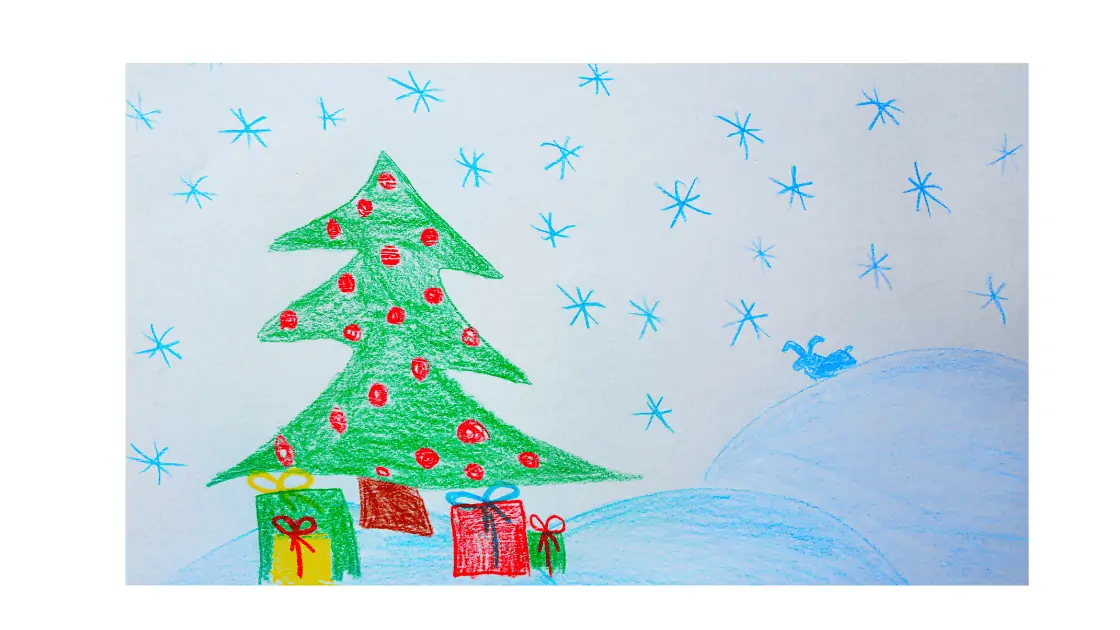 Childs Christmas drawing of a Christmas tree with gifts
