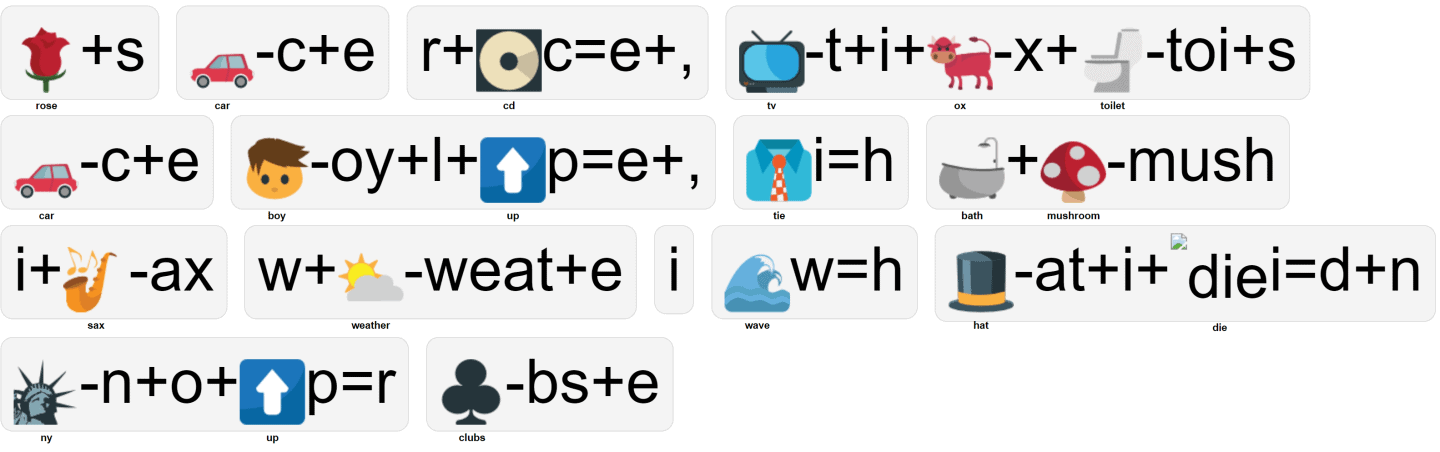 A variety of emoji-based rebus puzzles for an escape room, including visuals that hint at words like 'rose', 'car', and 'music', designed to challenge players with pictogram clues.