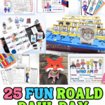 Collage of Roald Dahl Day printables and games for kids, including bookmarks, word search, mask, and character cards.