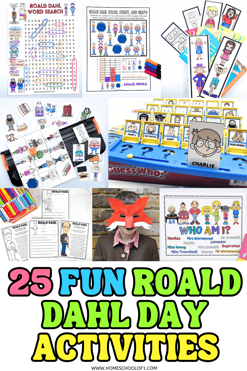 Collage of Roald Dahl Day printables and games for kids, including bookmarks, word search, mask, and character cards.