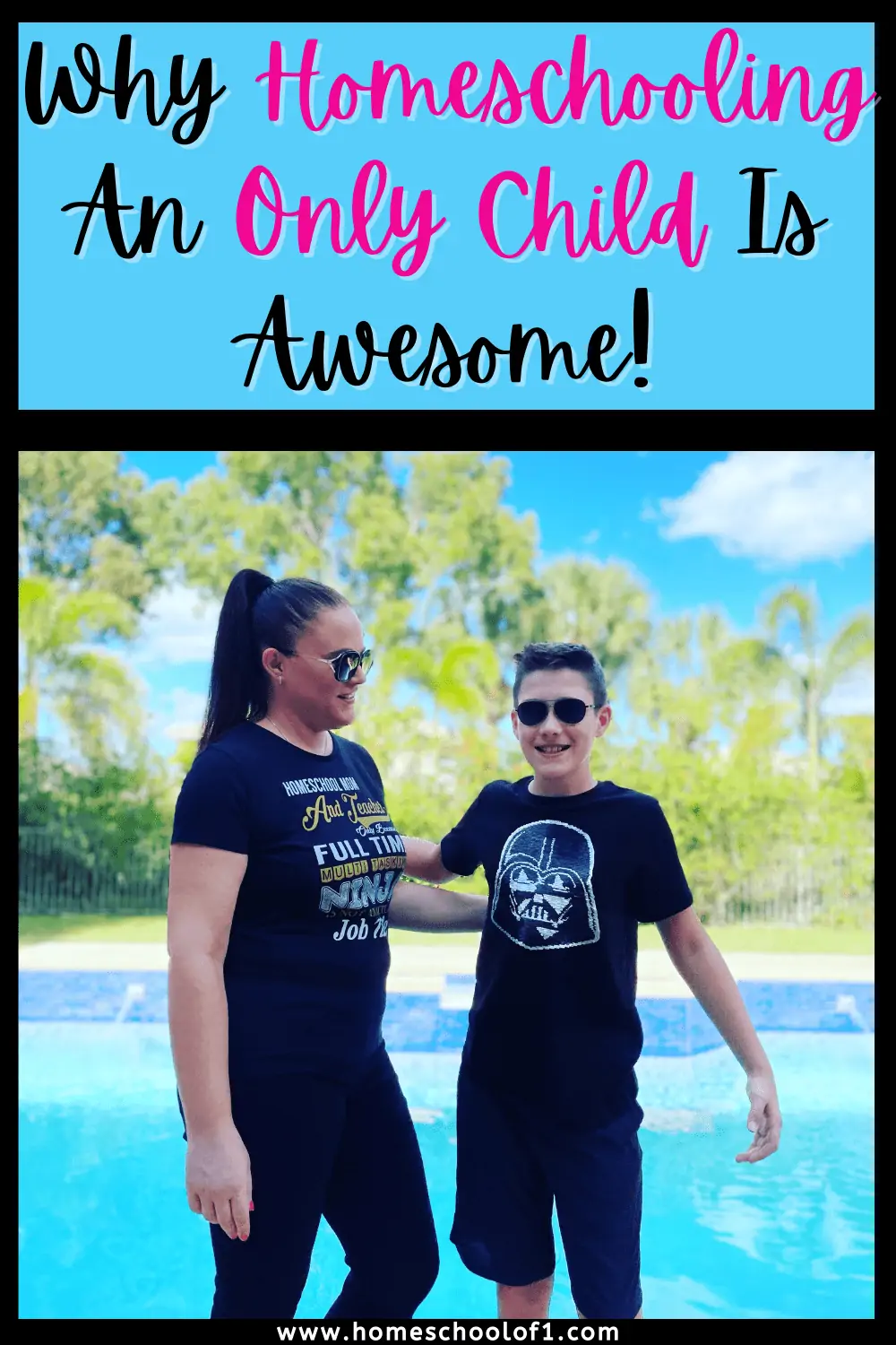 homeschooling an only child. a picture of a happy homeschool mom with her happy son standing in front of a swimming pool on a beautiful day.